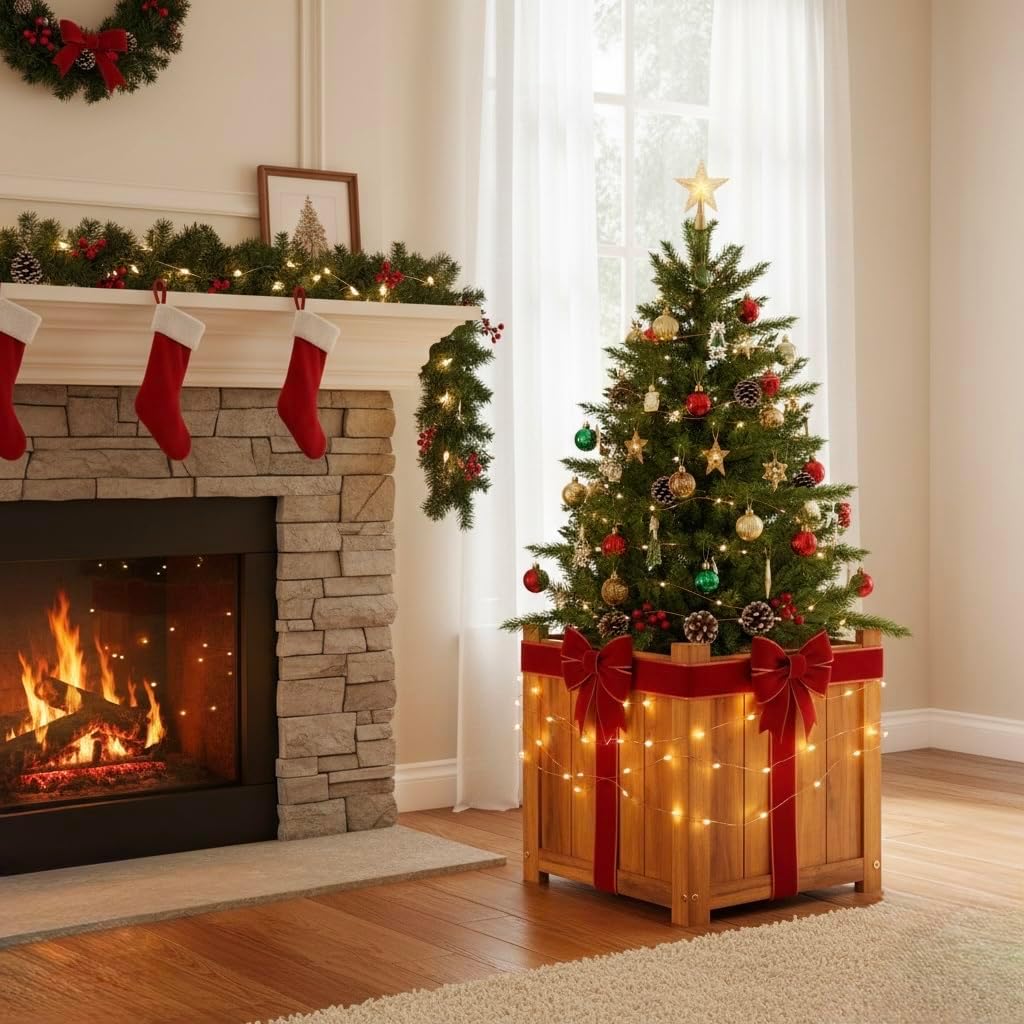 Idzo Set of 2 Hardwood Outdoor Flower Box, Durable Acacia Wood Flower Boxes for Outdoor Plants with Ergonomic Handles, Drainage Holes, Multiple Sizes Wood Bucket Planter for Home Décor