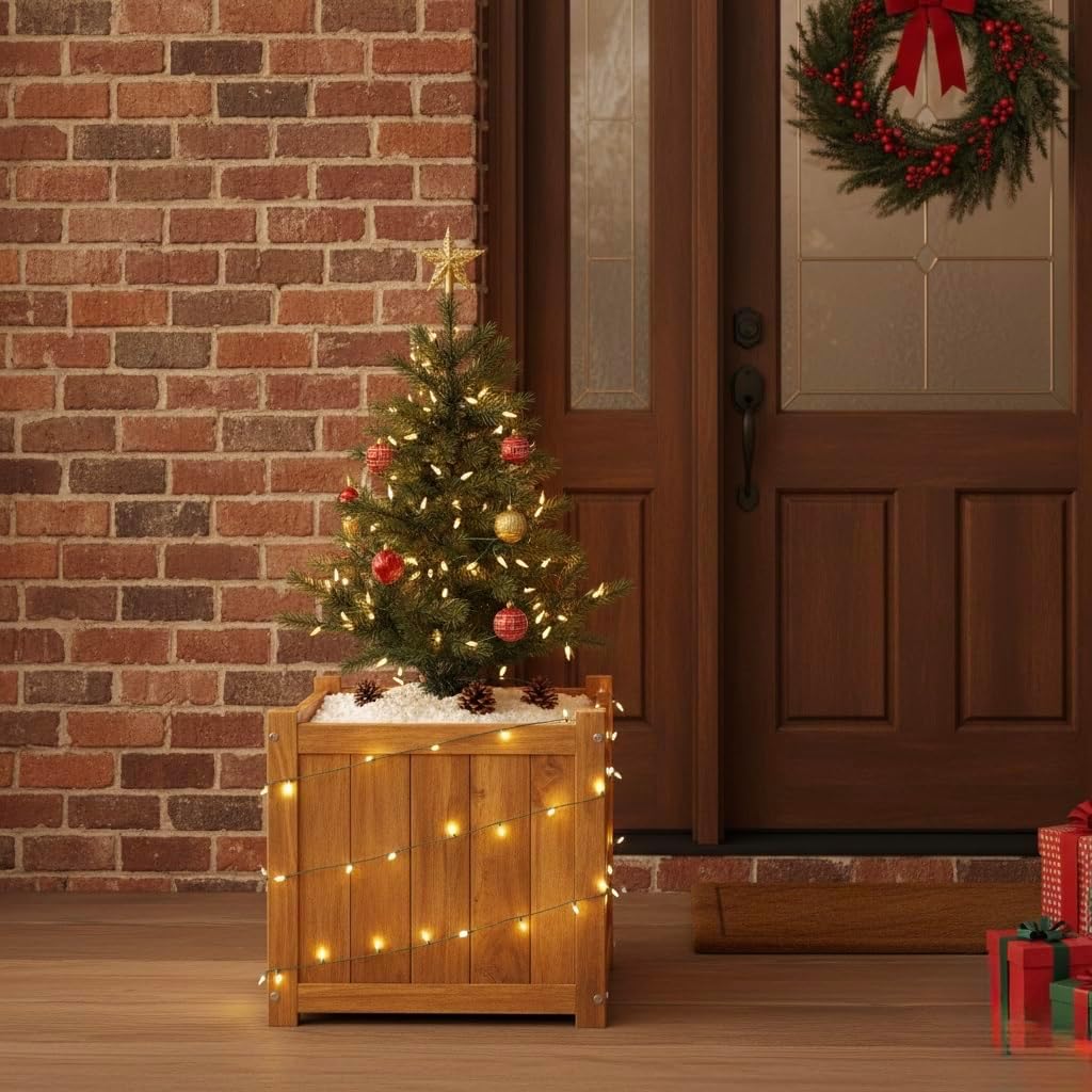 Idzo Set of 2 Hardwood Outdoor Flower Box, Durable Acacia Wood Flower Boxes for Outdoor Plants with Ergonomic Handles, Drainage Holes, Multiple Sizes Wood Bucket Planter for Home Décor