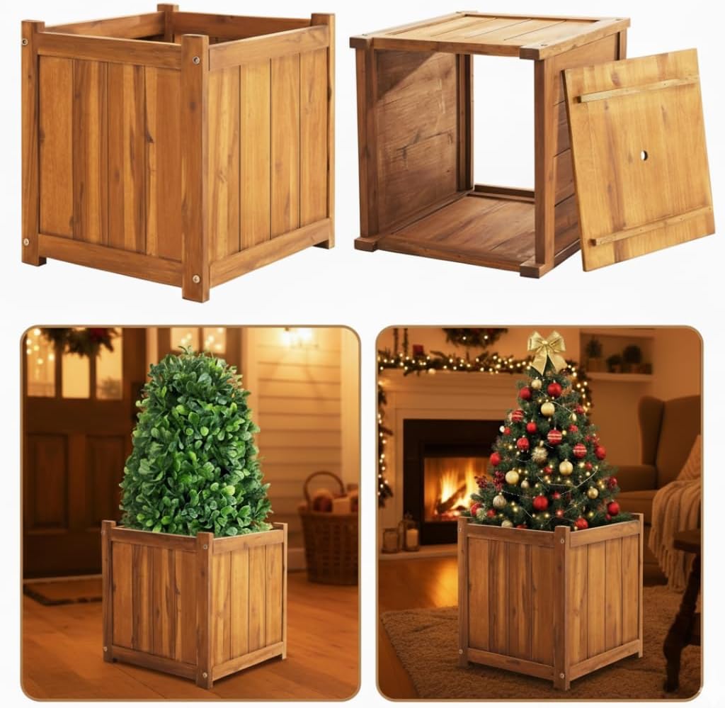 Idzo Set of 2 Hardwood Outdoor Flower Box, Durable Acacia Wood Flower Boxes for Outdoor Plants with Ergonomic Handles, Drainage Holes, Multiple Sizes Wood Bucket Planter for Home Décor