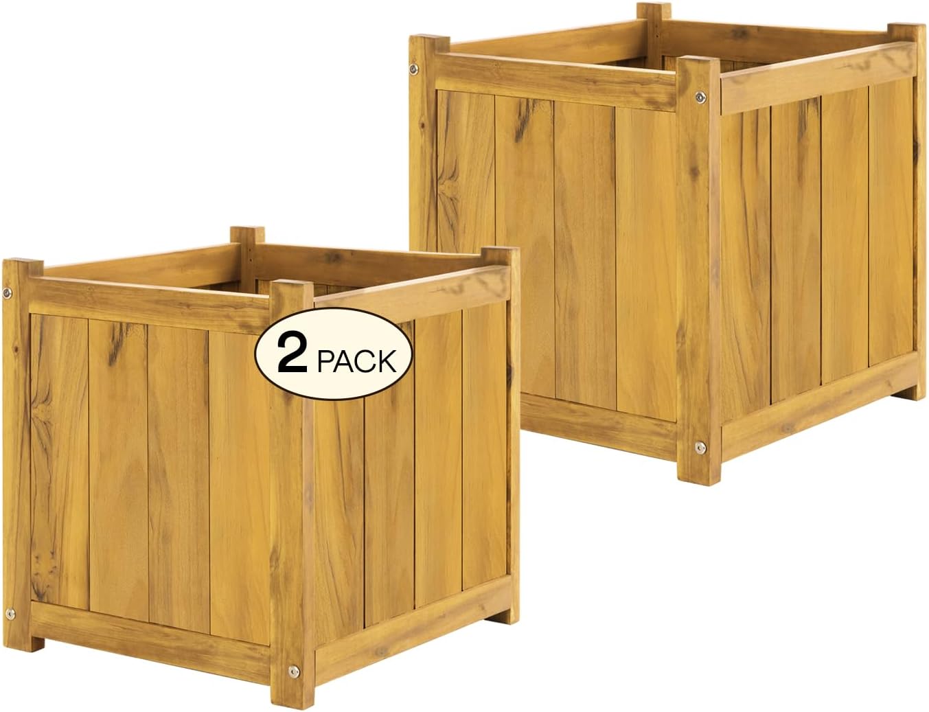 Idzo Set of 3 Wooden Flower Boxes Outdoor, Durable Acacia Wood Barrel Planters for Outdoor Plants with Ergonomic Handles, Drainage Holes, Multiple Sizes Wood Bucket Planter Light Brown