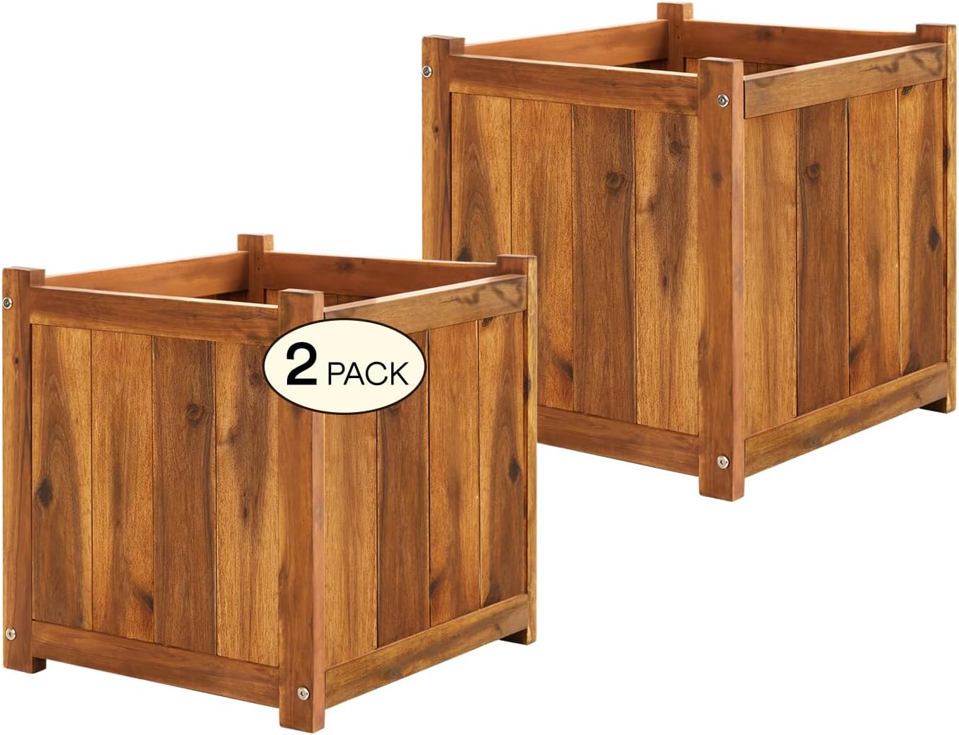 Idzo Set of 2 Hardwood Outdoor Flower Box, Durable Acacia Wood Flower Boxes for Outdoor Plants with Ergonomic Handles, Drainage Holes, Multiple Sizes Wood Bucket Planter for Home Décor