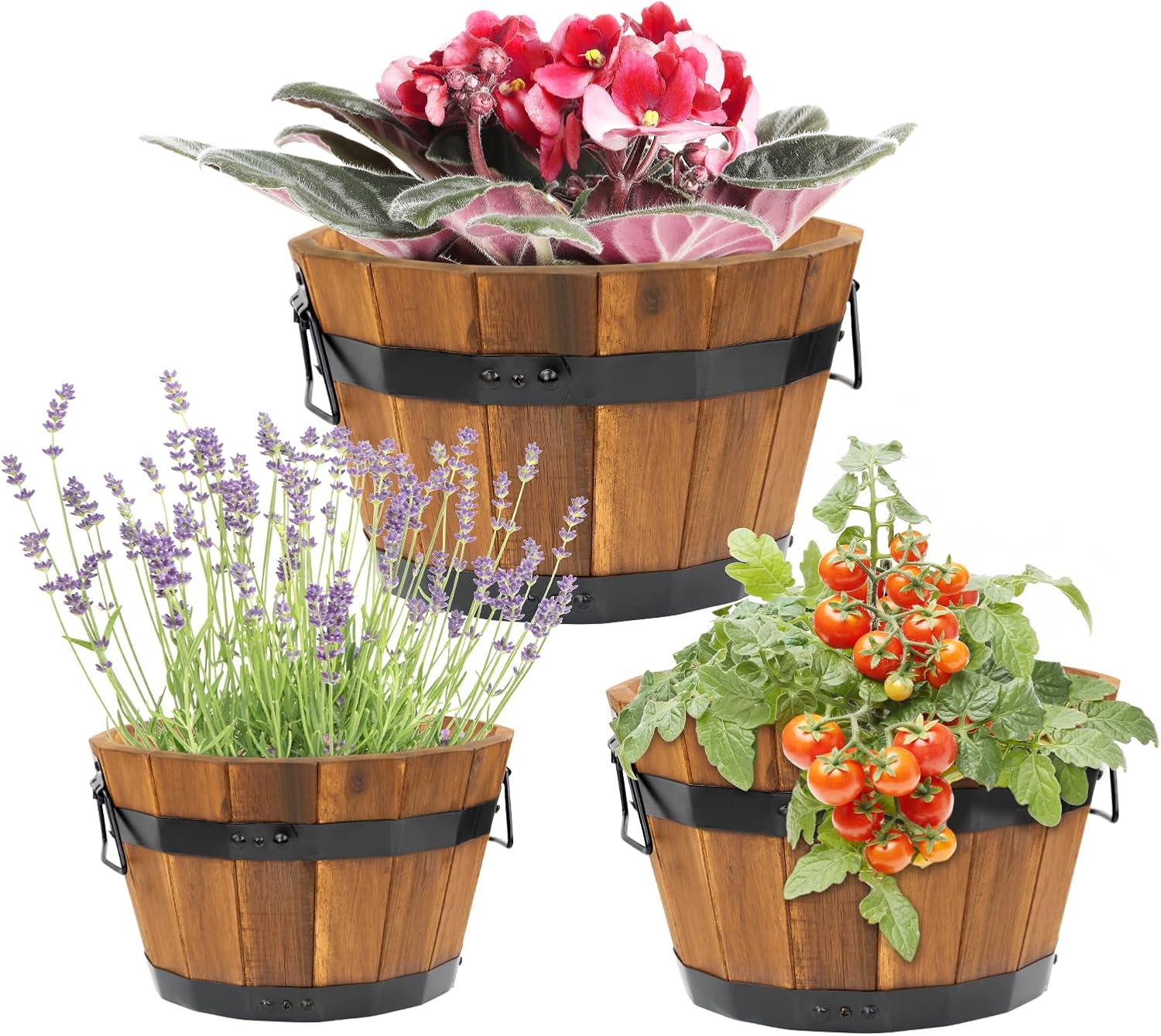 Idzo Set of 2 Hardwood Outdoor Flower Box, Durable Acacia Wood Flower Boxes for Outdoor Plants with Ergonomic Handles, Drainage Holes, Multiple Sizes Wood Bucket Planter for Home Décor