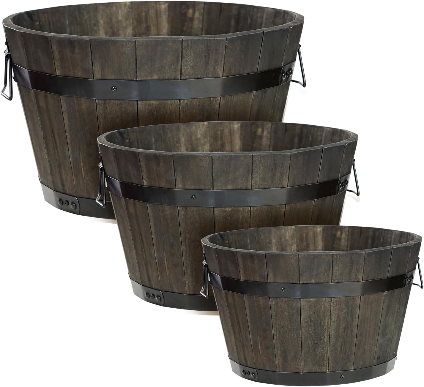 Idzo Set of 2 Hardwood Outdoor Flower Box, Durable Acacia Wood Flower Boxes for Outdoor Plants with Ergonomic Handles, Drainage Holes, Multiple Sizes Wood Bucket Planter for Home Décor