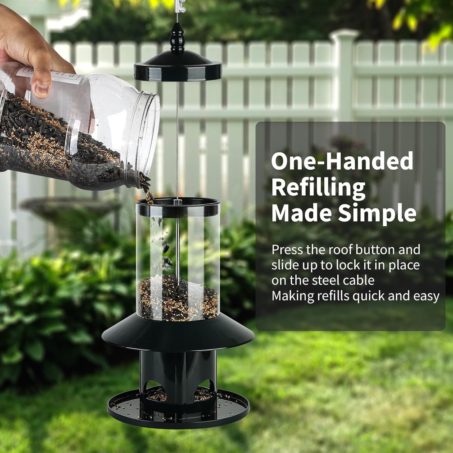 Squirrel Proof Bird Feeder - 360° Feeding Perch Tray for Outdoor Hanging Wild Bird Seeds, Dark Green.