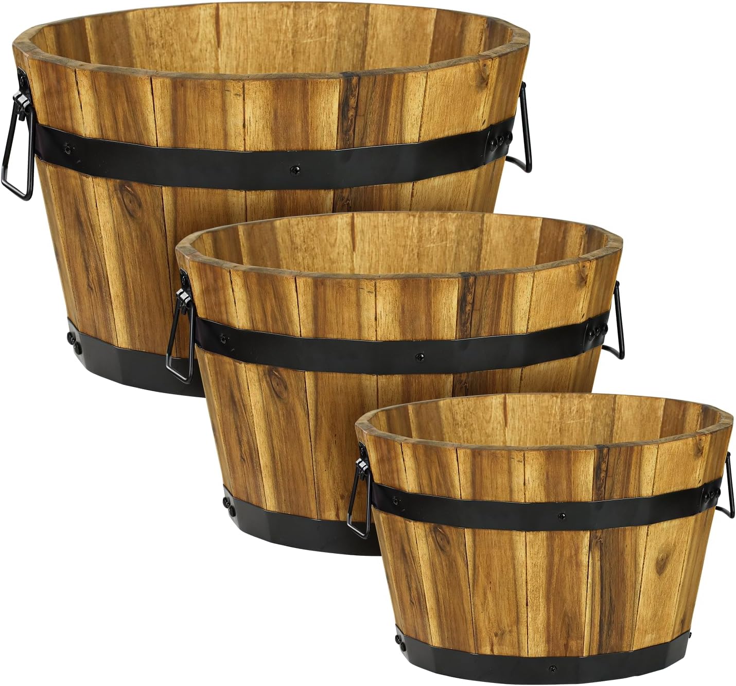 Idzo Set of 2 Hardwood Outdoor Flower Box, Durable Acacia Wood Flower Boxes for Outdoor Plants with Ergonomic Handles, Drainage Holes, Multiple Sizes Wood Bucket Planter for Home Décor
