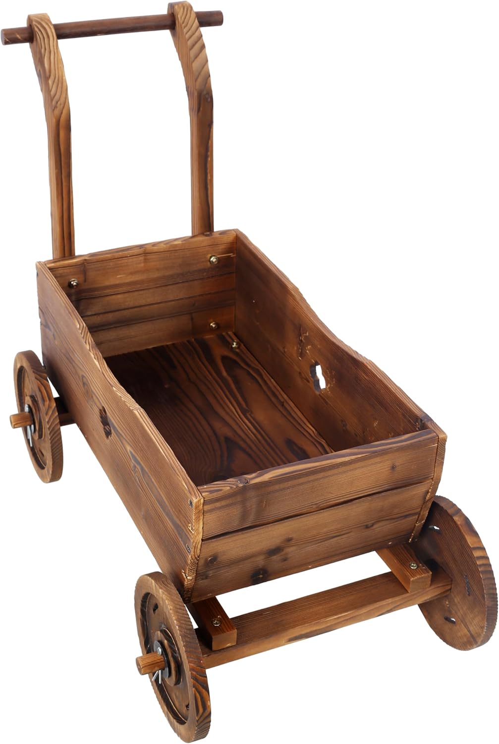 Wooden Wagon Planter Box with Wheels, Rustic Brown Fir Wood Garden Cart, Mobile Outdoor Flower Holder with Handle, Decorative Patio Planter, 26.5x14.1x21.2 Inches
