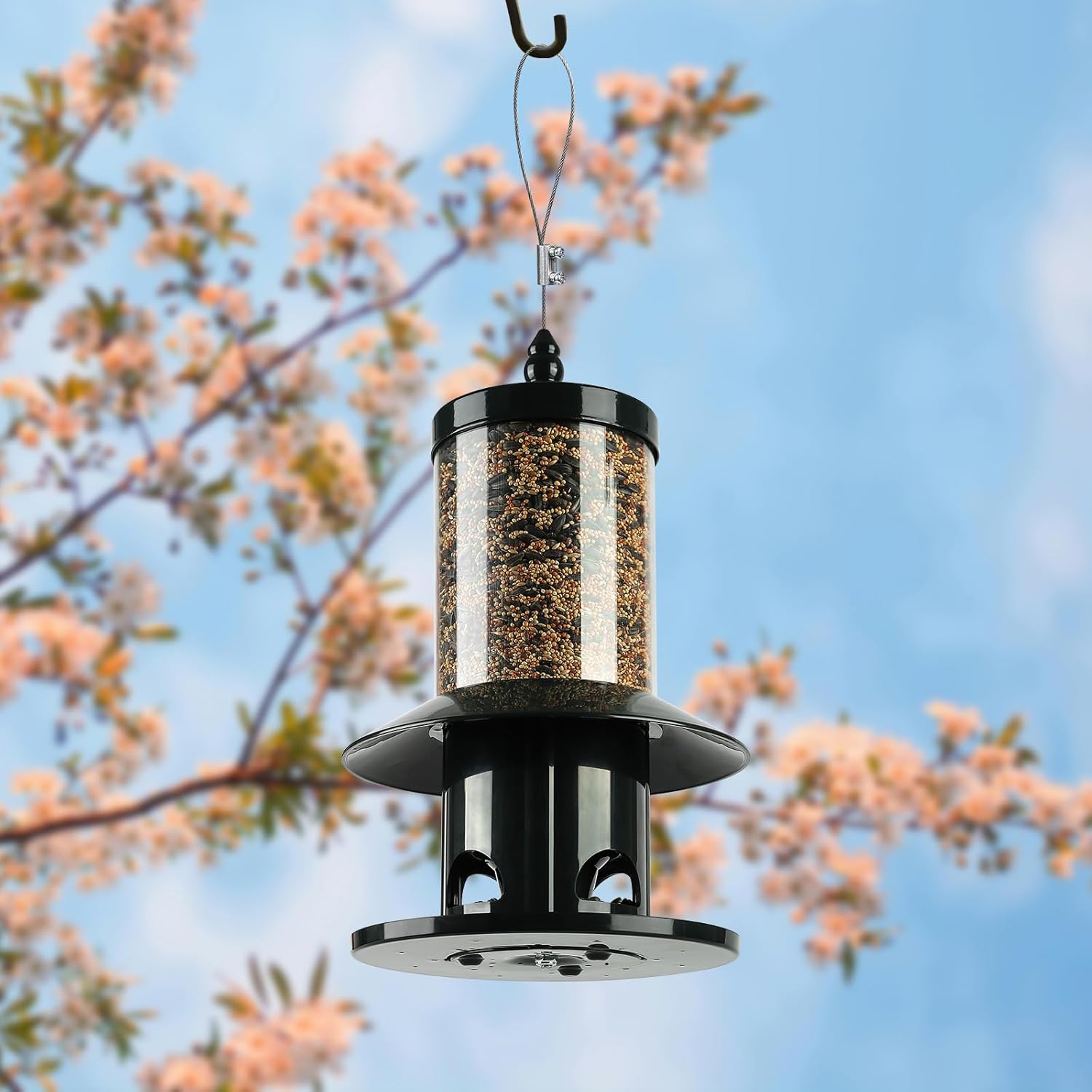 Squirrel Proof Bird Feeder - 360° Feeding Perch Tray for Outdoor Hanging Wild Bird Seeds, Dark Green.