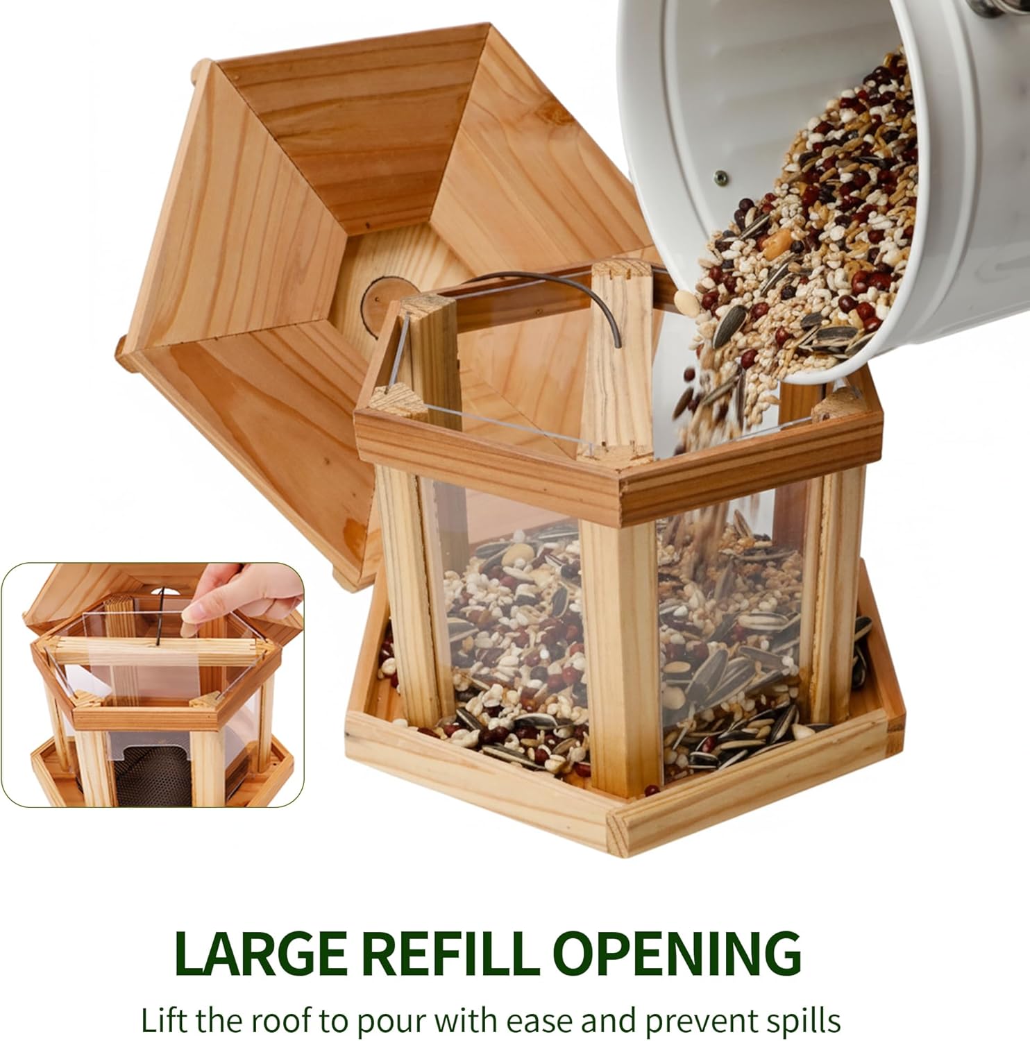 Solution4Patio Bird Feeder for Outdoors - USA Cedar Hexagon Gazebo Bird Feeders with Vented Mesh Tray, Easy-Clean & Fill Design 9.6" Dia. X 8.7" H 3.2-lb Capacity