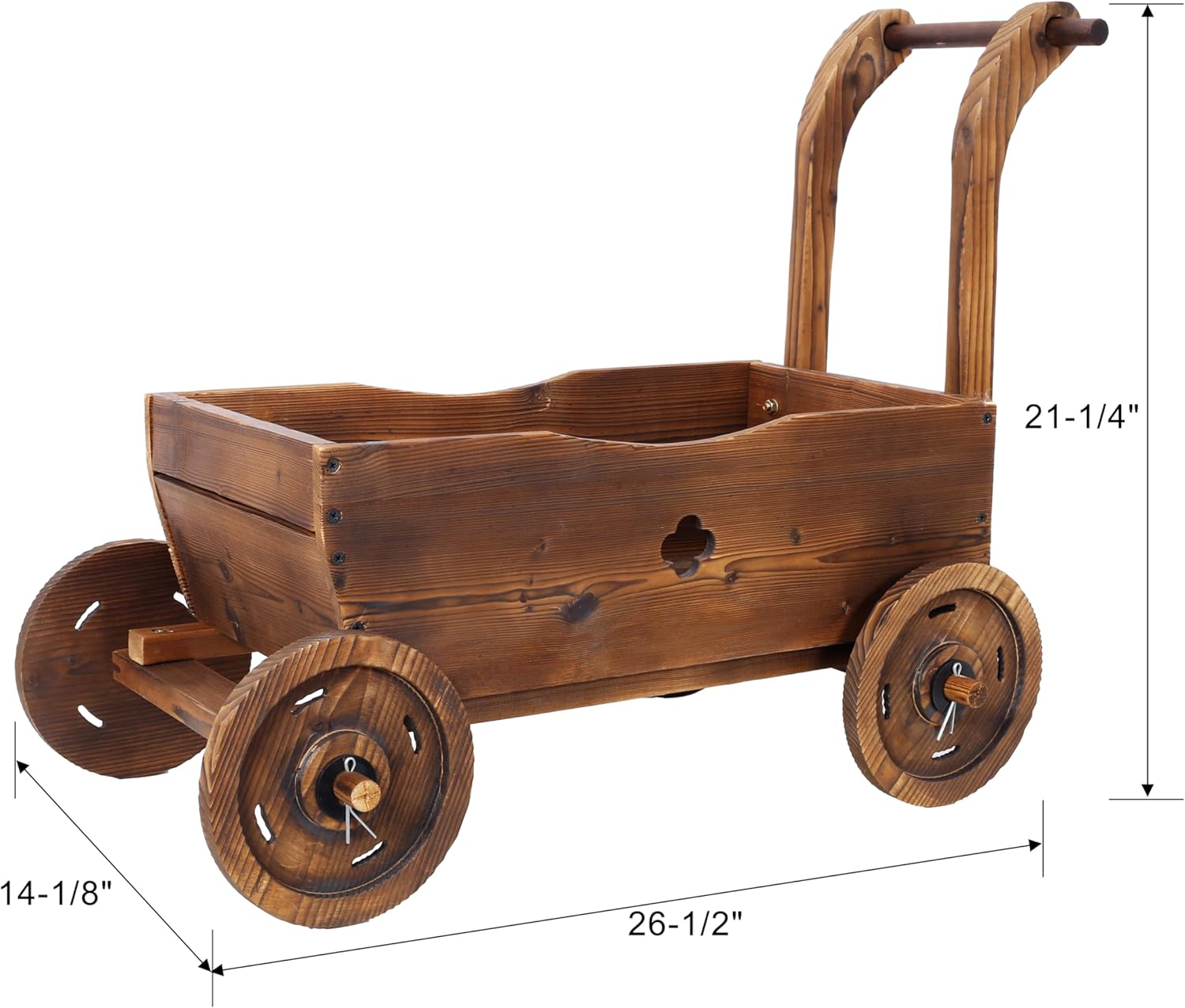 Wooden Wagon Planter Box with Wheels, Rustic Brown Fir Wood Garden Cart, Mobile Outdoor Flower Holder with Handle, Decorative Patio Planter, 26.5x14.1x21.2 Inches