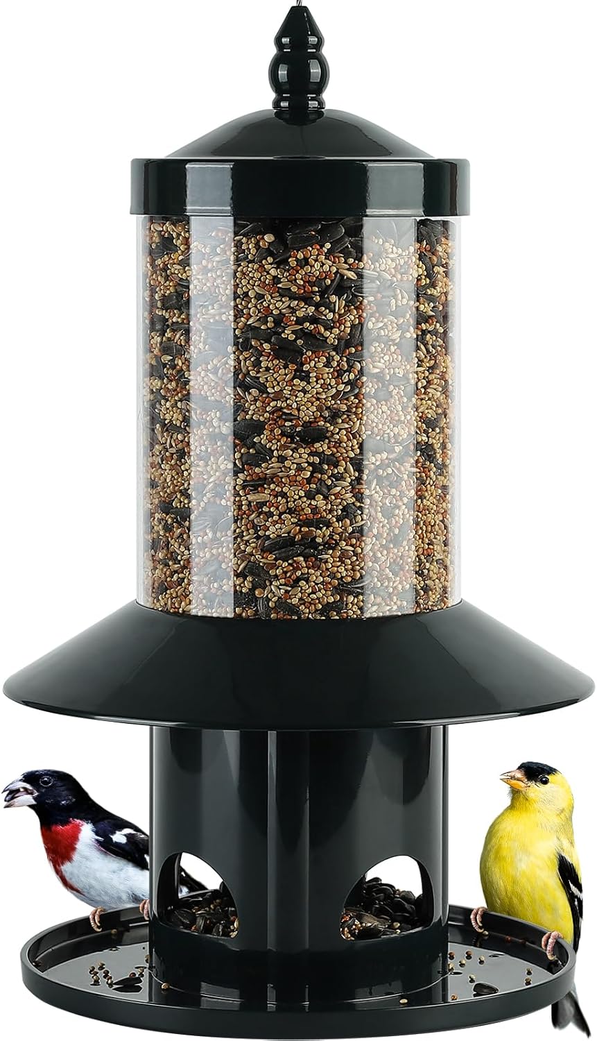 Squirrel Proof Bird Feeder - 360° Feeding Perch Tray for Outdoor Hanging Wild Bird Seeds, Dark Green.
