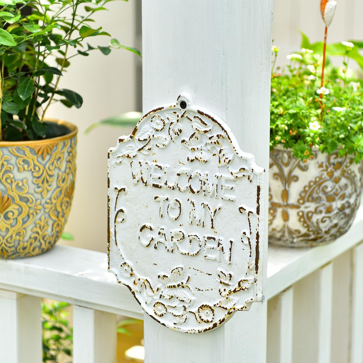 Sungmor Rustful Crafts Cast Iron WELCOME TO MY GARDEN sign, Decorative Garden Marker, Beautiful Outdoor Yard Patio Wall or Fence Decoration, Vintage Hanging Welcome Signs to Gardening Lovers