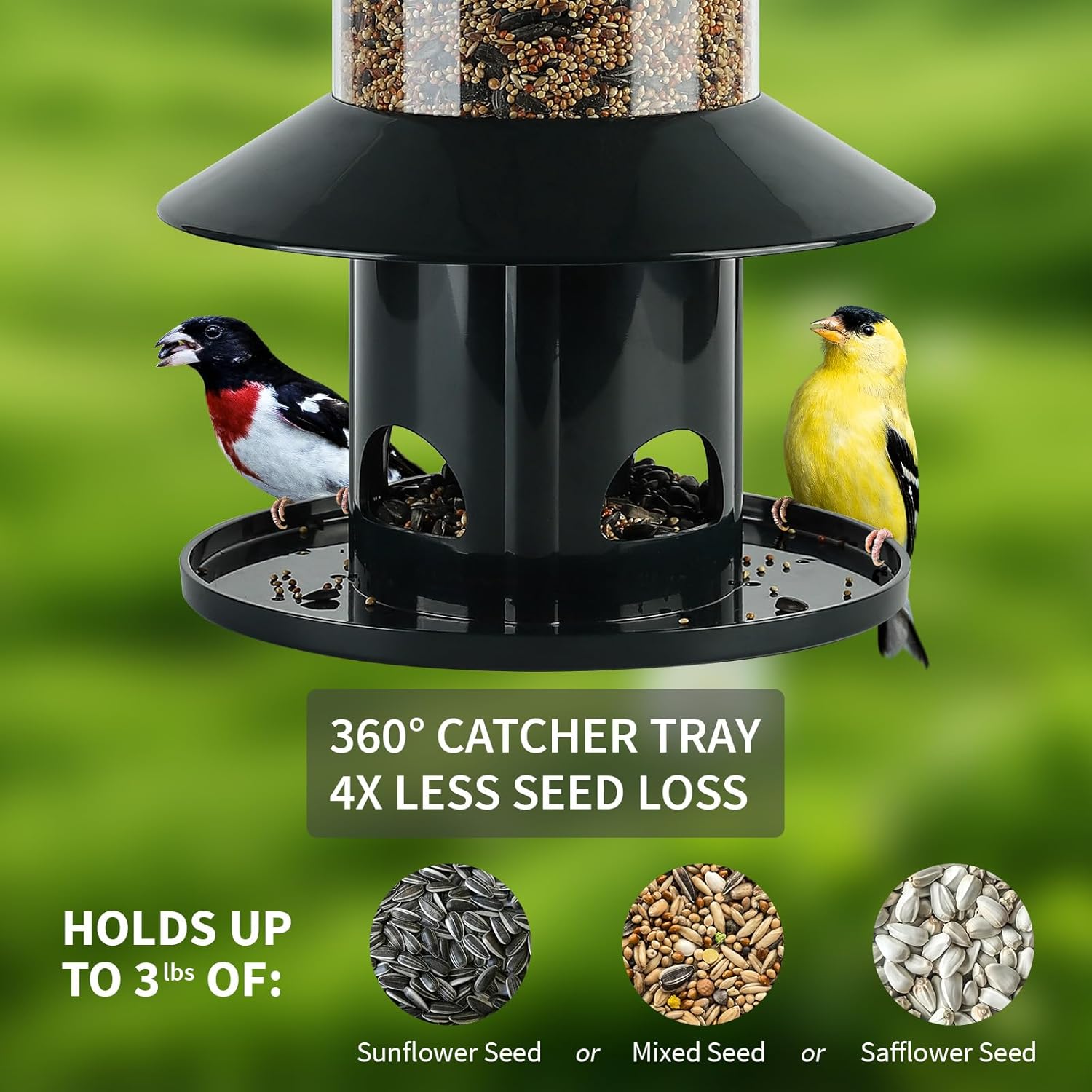 Squirrel Proof Bird Feeder - 360° Feeding Perch Tray for Outdoor Hanging Wild Bird Seeds, Dark Green.