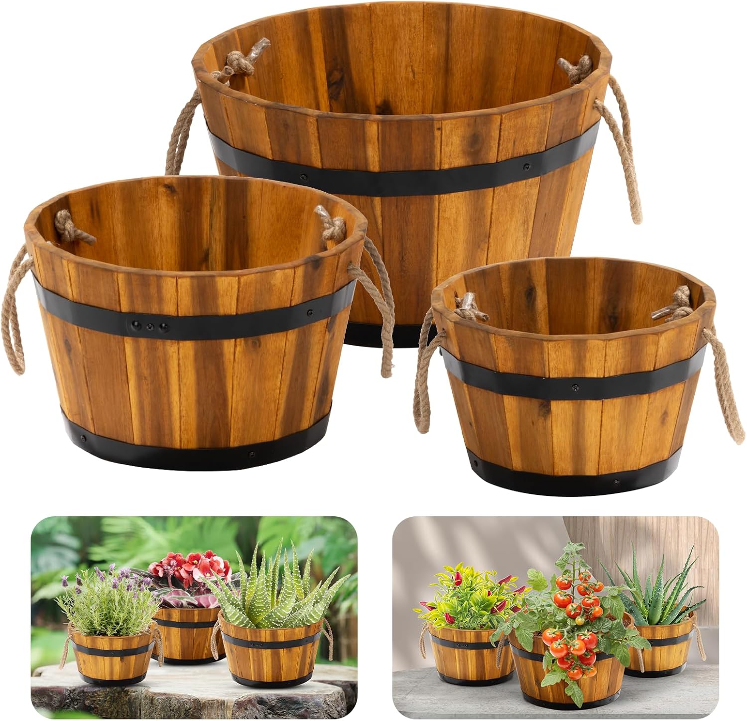 Idzo Set of 2 Hardwood Outdoor Flower Box, Durable Acacia Wood Flower Boxes for Outdoor Plants with Ergonomic Handles, Drainage Holes, Multiple Sizes Wood Bucket Planter for Home Décor