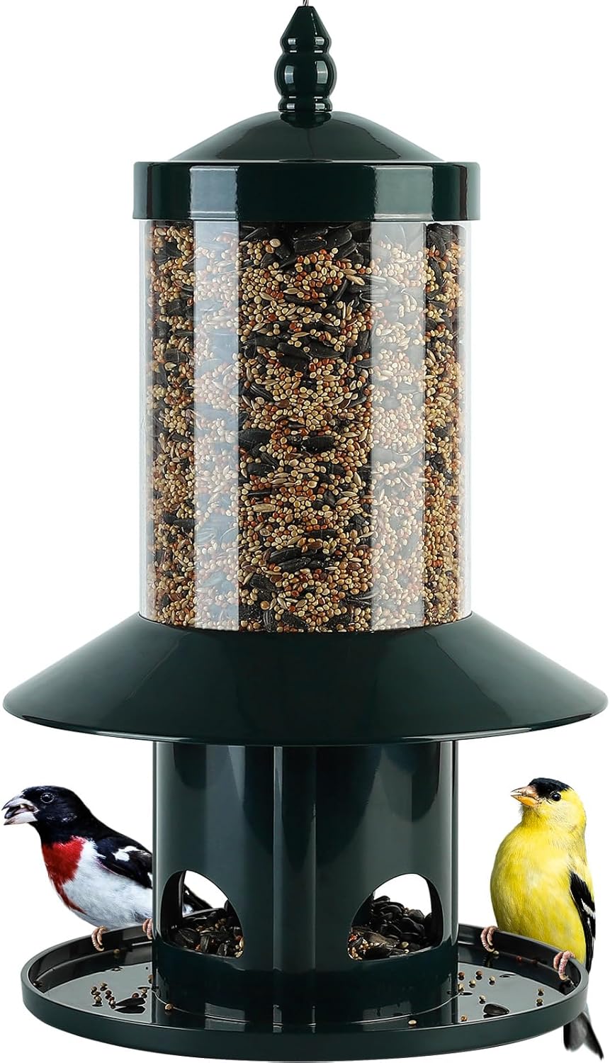 Squirrel Proof Bird Feeder - 360° Feeding Perch Tray for Outdoor Hanging Wild Bird Seeds, Dark Green.