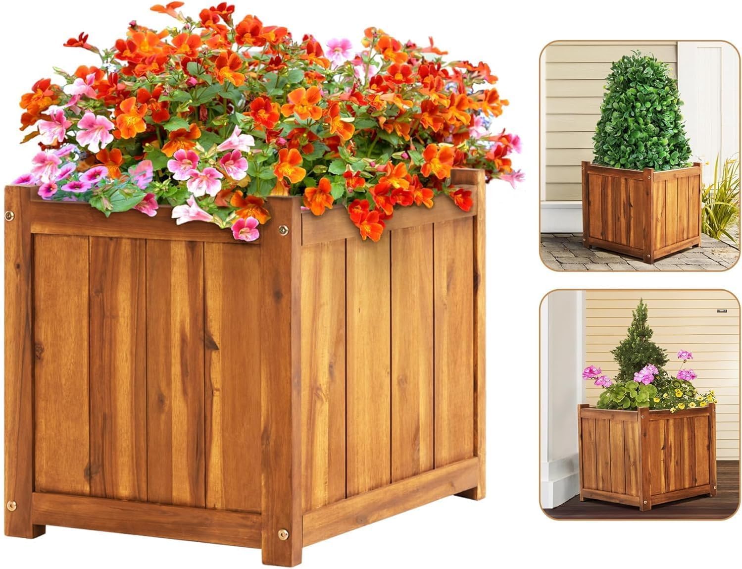 Idzo Set of 2 Hardwood Outdoor Flower Box, Durable Acacia Wood Flower Boxes for Outdoor Plants with Ergonomic Handles, Drainage Holes, Multiple Sizes Wood Bucket Planter for Home Décor