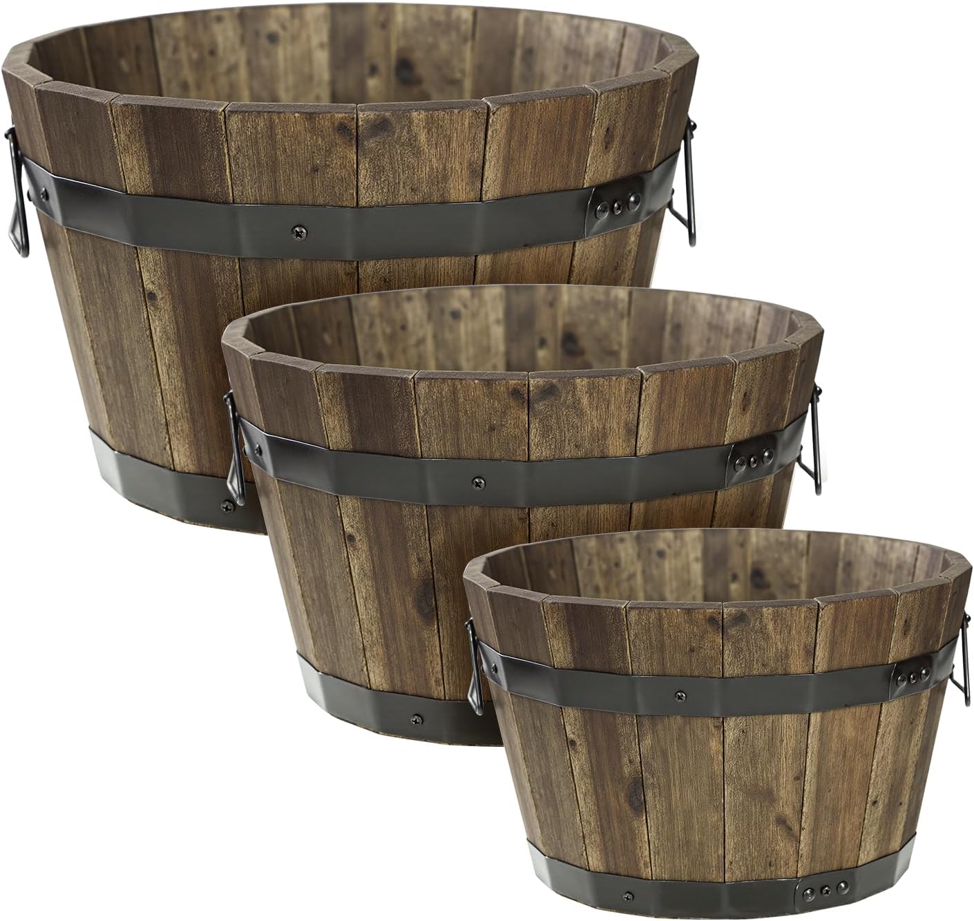 Idzo Set of 2 Hardwood Outdoor Flower Box, Durable Acacia Wood Flower Boxes for Outdoor Plants with Ergonomic Handles, Drainage Holes, Multiple Sizes Wood Bucket Planter for Home Décor