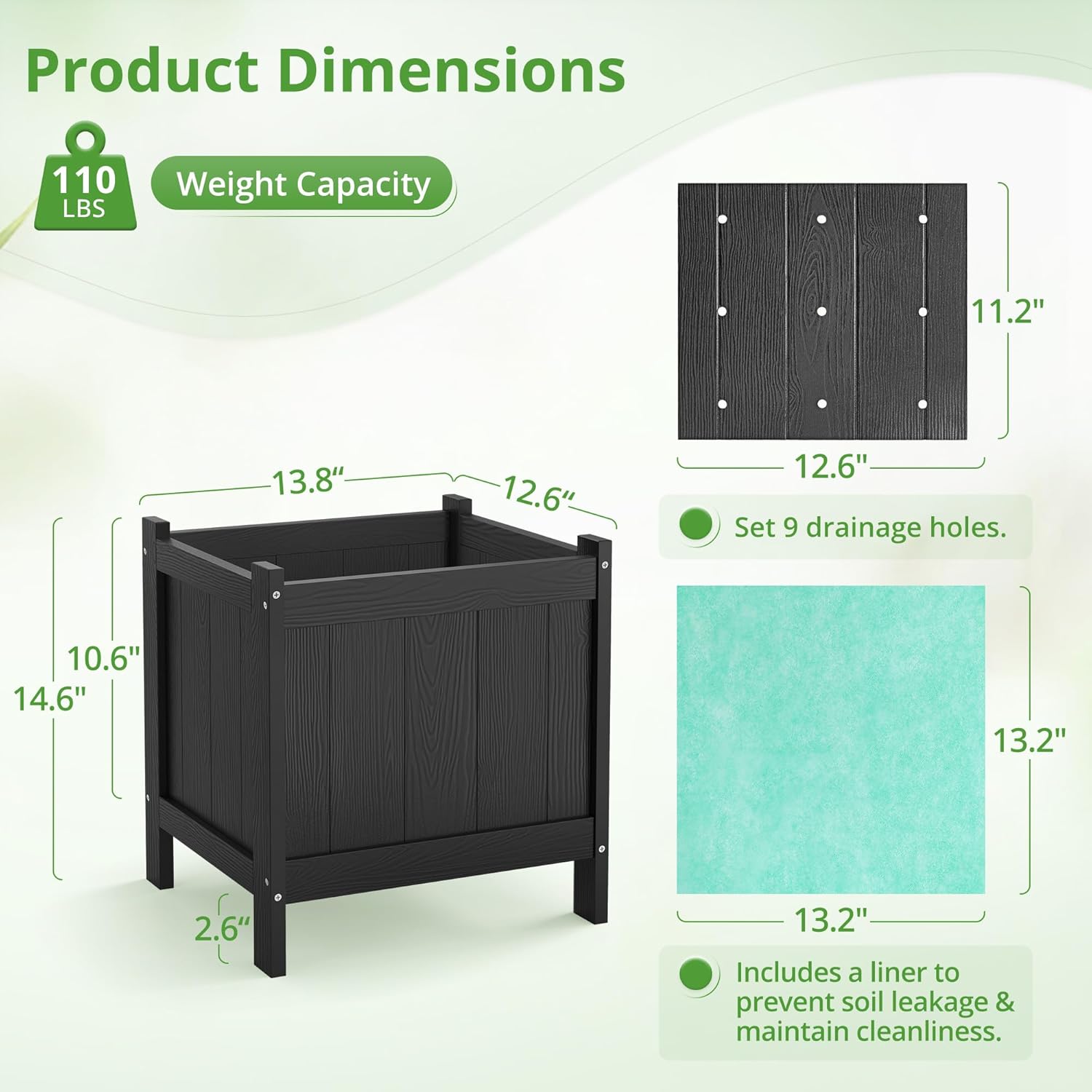 LUE BONA Outdoor Plant Pots Set of 2, 13.7" x 12.5" x 14.5" Flower Pots with Drainage Holes, Outdoor Planter Box for Outdoor Plants - Porch Patio, Garden or Entryway, Black