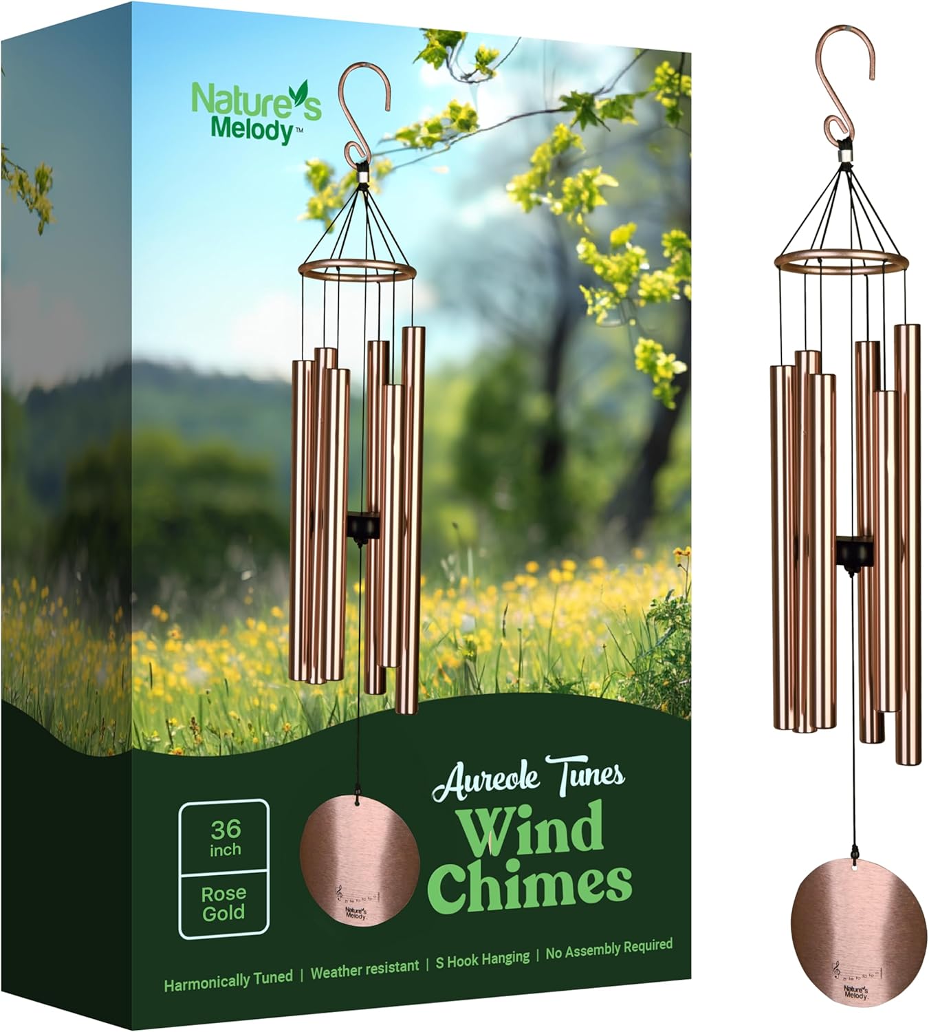 Nature’s Melody Aureole Tunes Wind Chimes – Outdoor Windchime with 6 Tubes Tuned to B Pentatonic Scale, 100% Rustproof Aluminum, Powder Finish & S Hook Hanger for Sympathy, Memorial Gift or Zen Garden