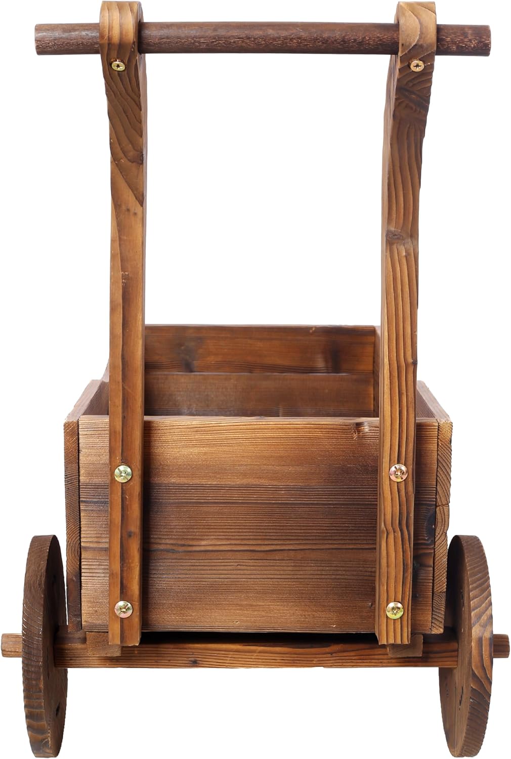 Wooden Wagon Planter Box with Wheels, Rustic Brown Fir Wood Garden Cart, Mobile Outdoor Flower Holder with Handle, Decorative Patio Planter, 26.5x14.1x21.2 Inches