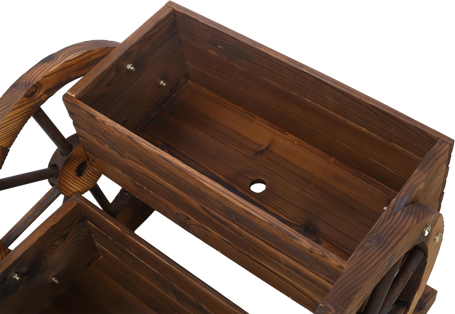 Rustic Wooden Wagon Wheel Planter Box, Brown Fir Wood Garden Cart, 2-Tier Decorative Flower Stand with Wheels, 17x18x15 Inches, for Patio Balcony Indoor Outdoor