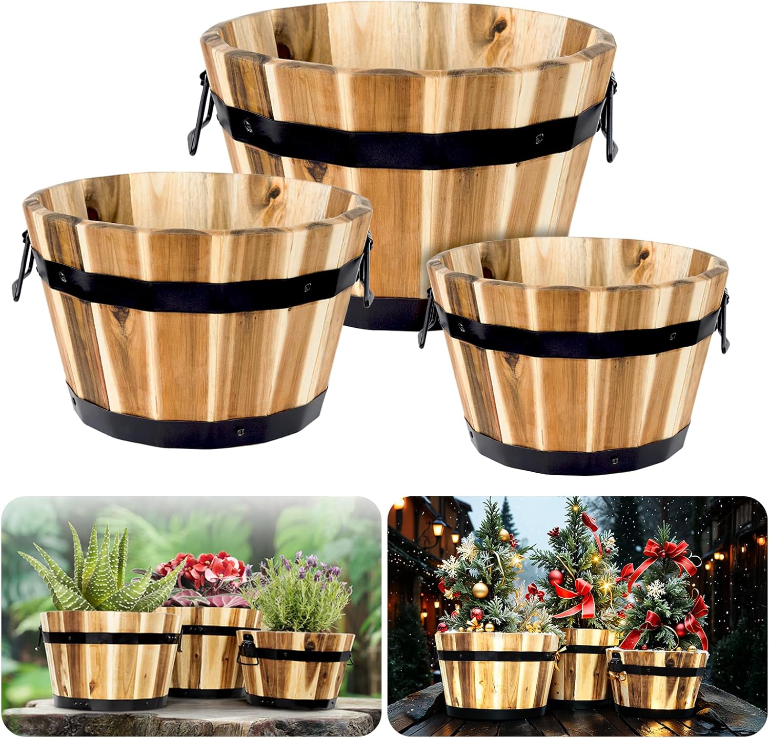 Idzo Set of 3 Wooden Flower Boxes Outdoor, Durable Acacia Wood Barrel Planters for Outdoor Plants with Ergonomic Handles, Drainage Holes, Multiple Sizes Wood Bucket Planter Light Brown