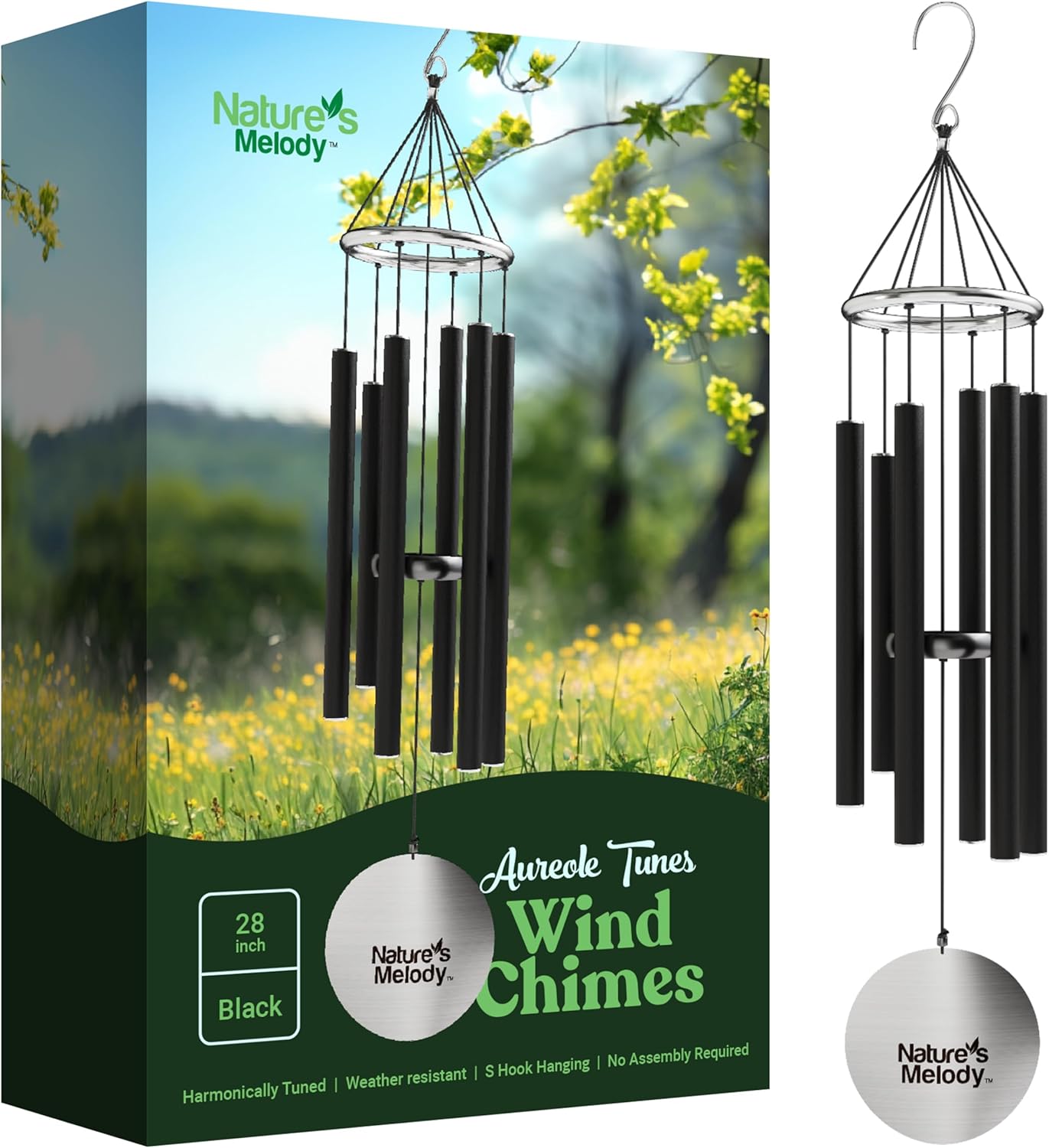 Nature’s Melody Aureole Tunes Wind Chimes – Outdoor Windchime with 6 Tubes Tuned to B Pentatonic Scale, 100% Rustproof Aluminum, Powder Finish & S Hook Hanger for Sympathy, Memorial Gift or Zen Garden
