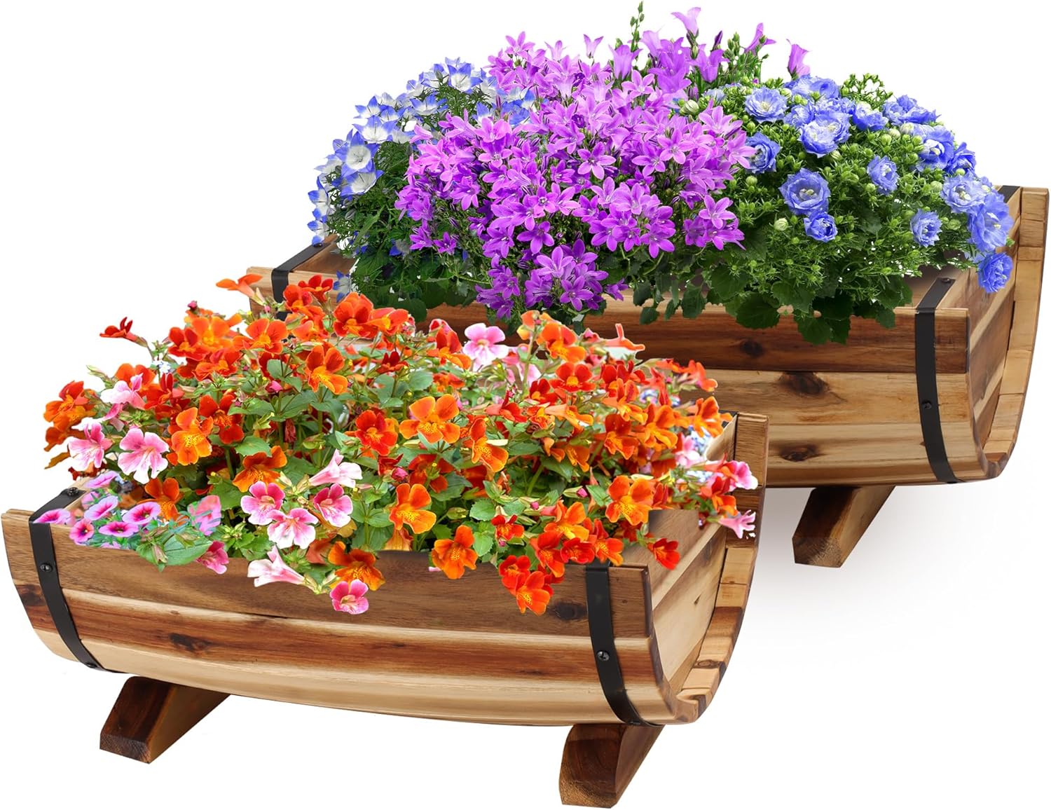 Idzo Set of 2 Hardwood Outdoor Flower Box, Durable Acacia Wood Flower Boxes for Outdoor Plants with Ergonomic Handles, Drainage Holes, Multiple Sizes Wood Bucket Planter for Home Décor