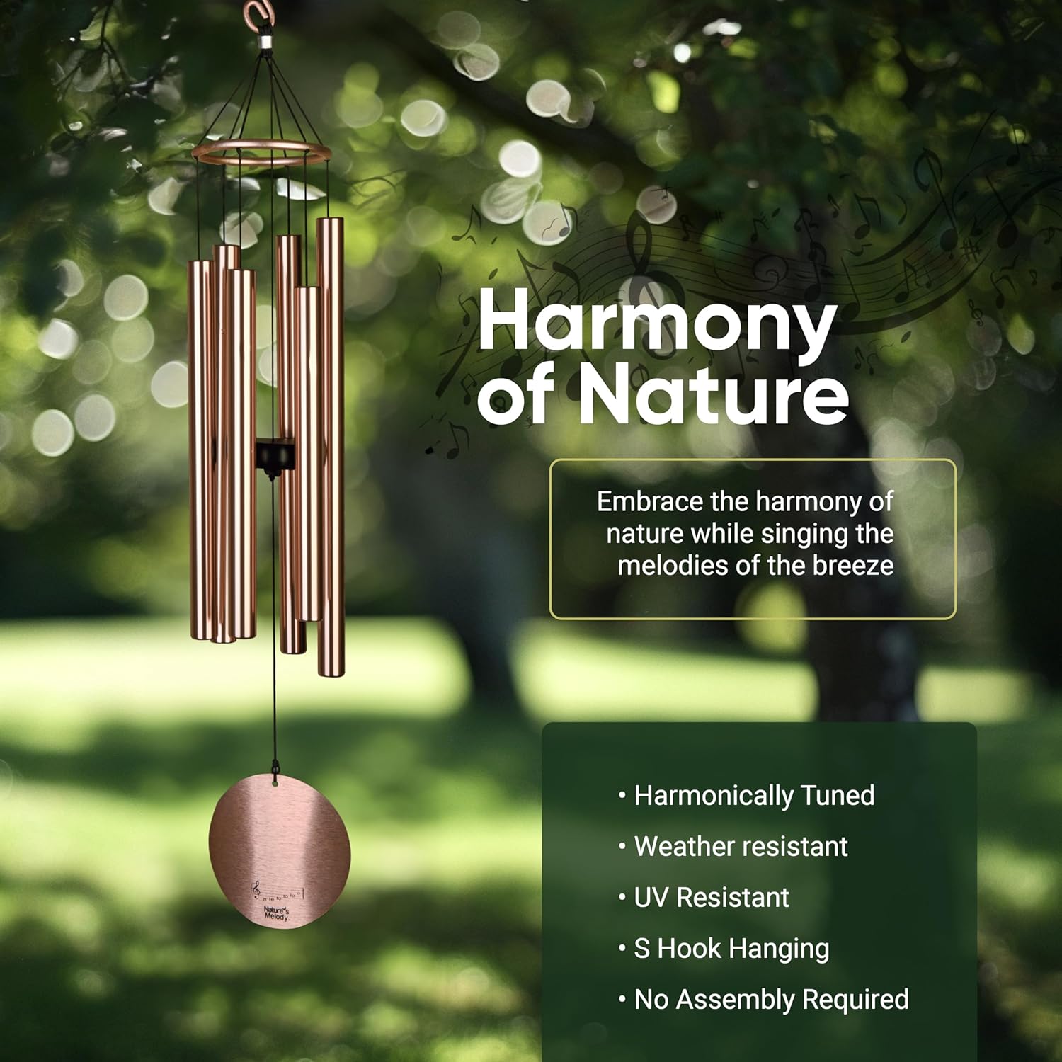 Nature’s Melody Aureole Tunes Wind Chimes – Outdoor Windchime with 6 Tubes Tuned to B Pentatonic Scale, 100% Rustproof Aluminum, Powder Finish & S Hook Hanger for Sympathy, Memorial Gift or Zen Garden