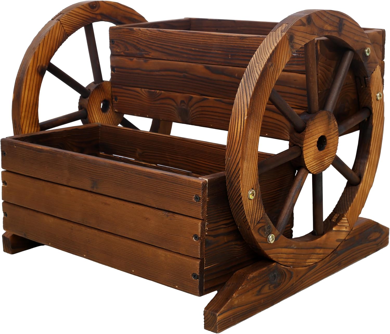 Rustic Wooden Wagon Wheel Planter Box, Brown Fir Wood Garden Cart, 2-Tier Decorative Flower Stand with Wheels, 17x18x15 Inches, for Patio Balcony Indoor Outdoor