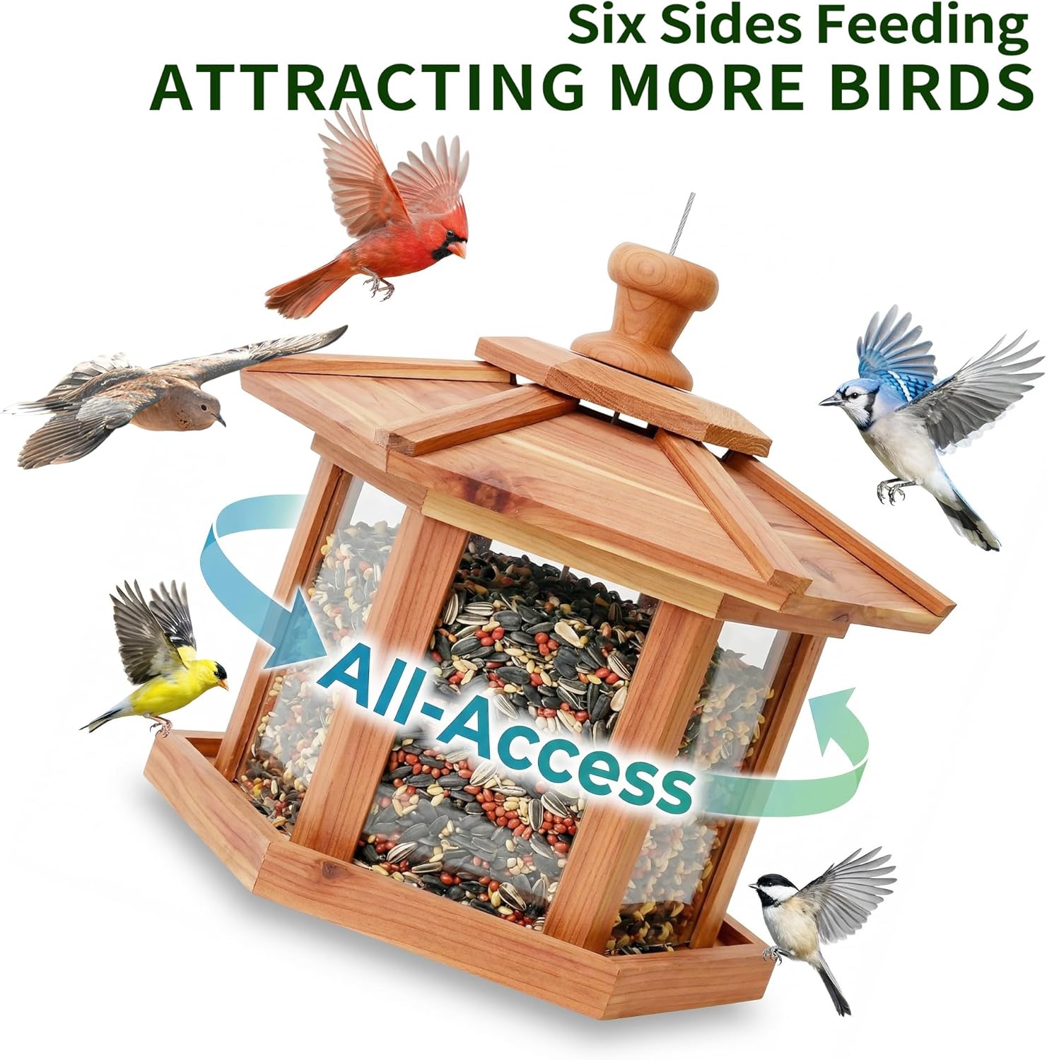 Solution4Patio Bird Feeder for Outdoors - USA Cedar Hexagon Gazebo Bird Feeders with Vented Mesh Tray, Easy-Clean & Fill Design 9.6" Dia. X 8.7" H 3.2-lb Capacity