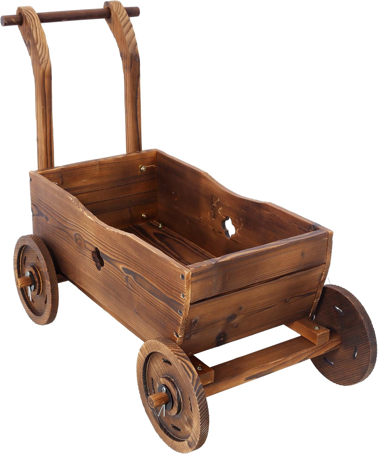 Wooden Wagon Planter Box with Wheels, Rustic Brown Fir Wood Garden Cart, Mobile Outdoor Flower Holder with Handle, Decorative Patio Planter, 26.5x14.1x21.2 Inches