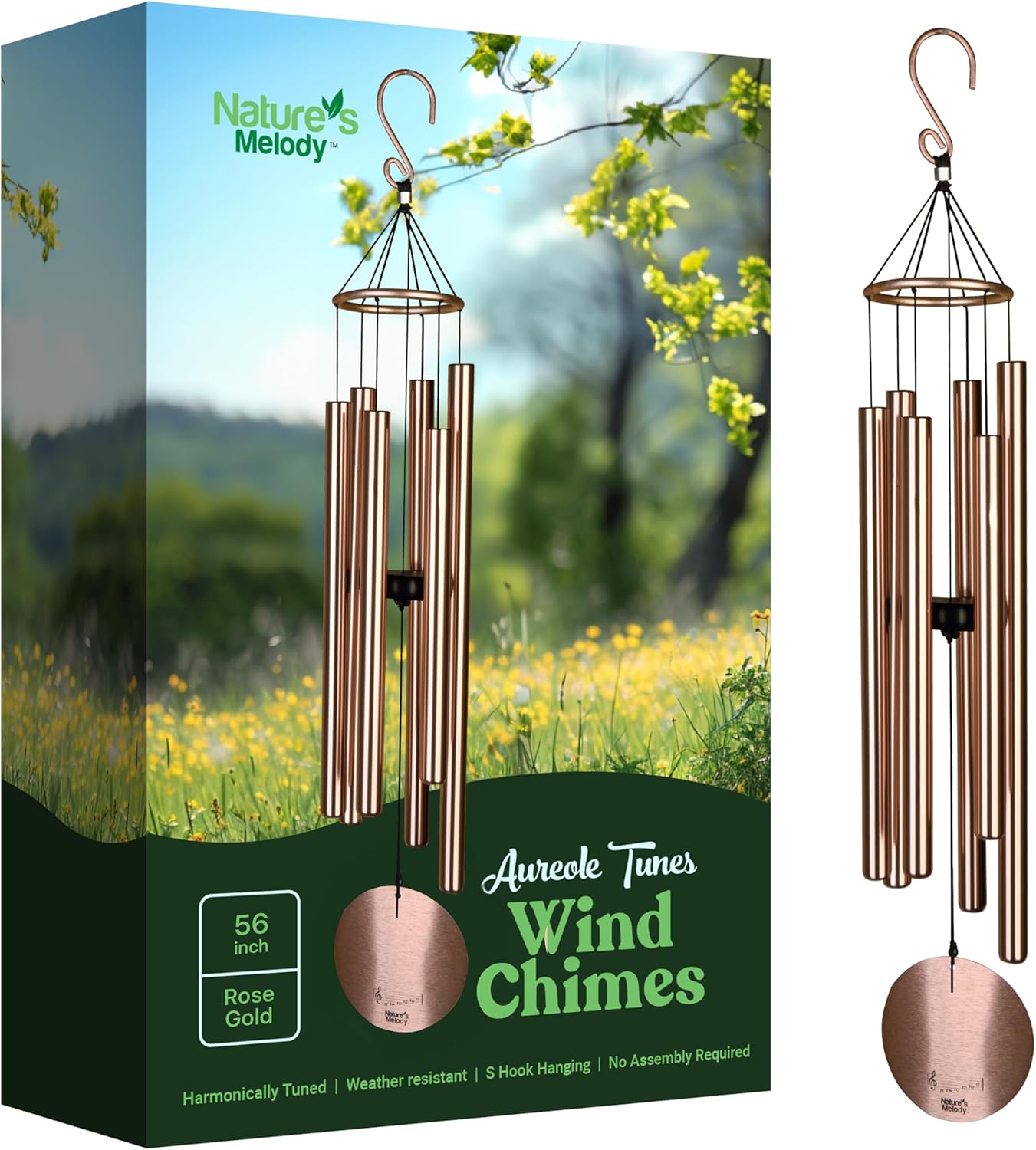 Nature’s Melody Aureole Tunes Wind Chimes – Outdoor Windchime with 6 Tubes Tuned to B Pentatonic Scale, 100% Rustproof Aluminum, Powder Finish & S Hook Hanger for Sympathy, Memorial Gift or Zen Garden