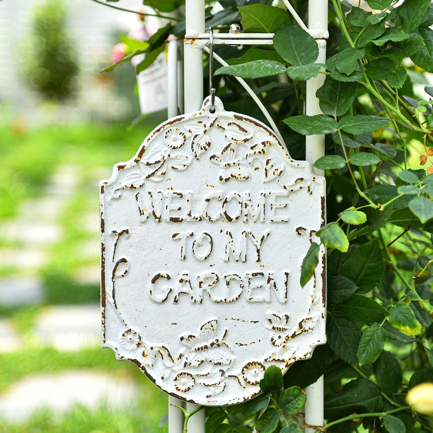 Sungmor Rustful Crafts Cast Iron WELCOME TO MY GARDEN sign, Decorative Garden Marker, Beautiful Outdoor Yard Patio Wall or Fence Decoration, Vintage Hanging Welcome Signs to Gardening Lovers