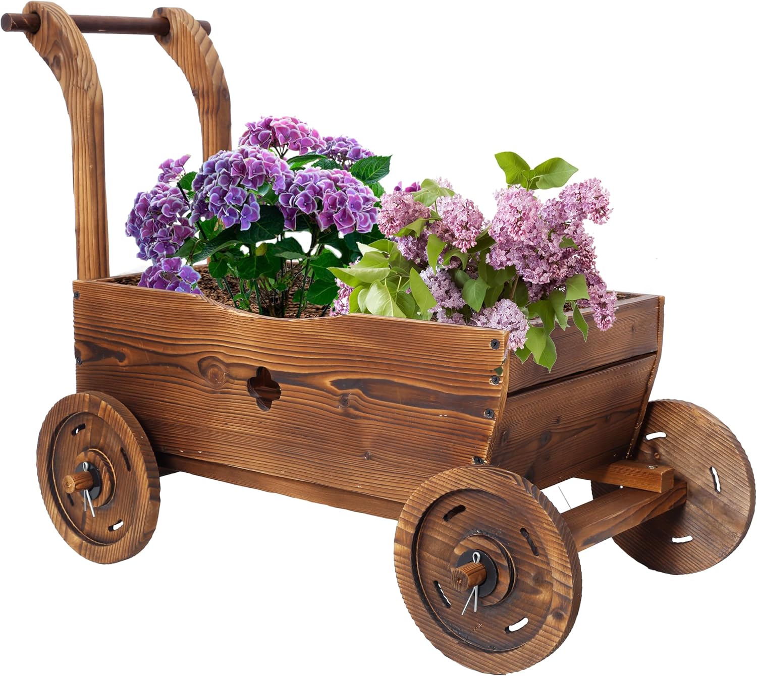 Wooden Wagon Planter Box with Wheels, Rustic Brown Fir Wood Garden Cart, Mobile Outdoor Flower Holder with Handle, Decorative Patio Planter, 26.5x14.1x21.2 Inches
