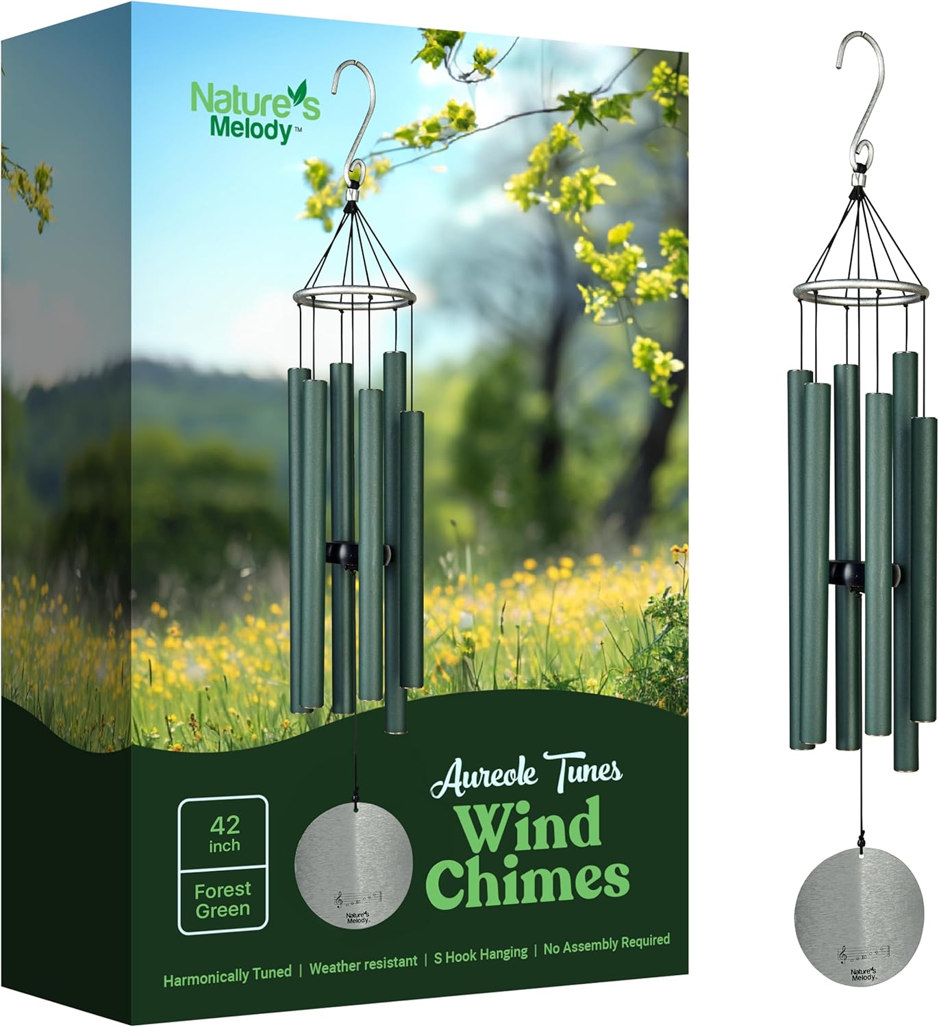 Nature’s Melody Aureole Tunes Wind Chimes – Outdoor Windchime with 6 Tubes Tuned to B Pentatonic Scale, 100% Rustproof Aluminum, Powder Finish & S Hook Hanger for Sympathy, Memorial Gift or Zen Garden