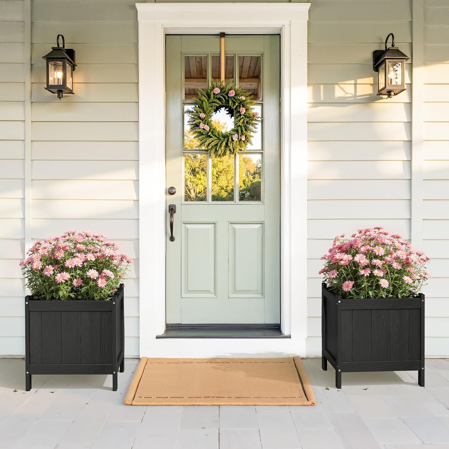 LUE BONA Outdoor Plant Pots Set of 2, 13.7" x 12.5" x 14.5" Flower Pots with Drainage Holes, Outdoor Planter Box for Outdoor Plants - Porch Patio, Garden or Entryway, Black