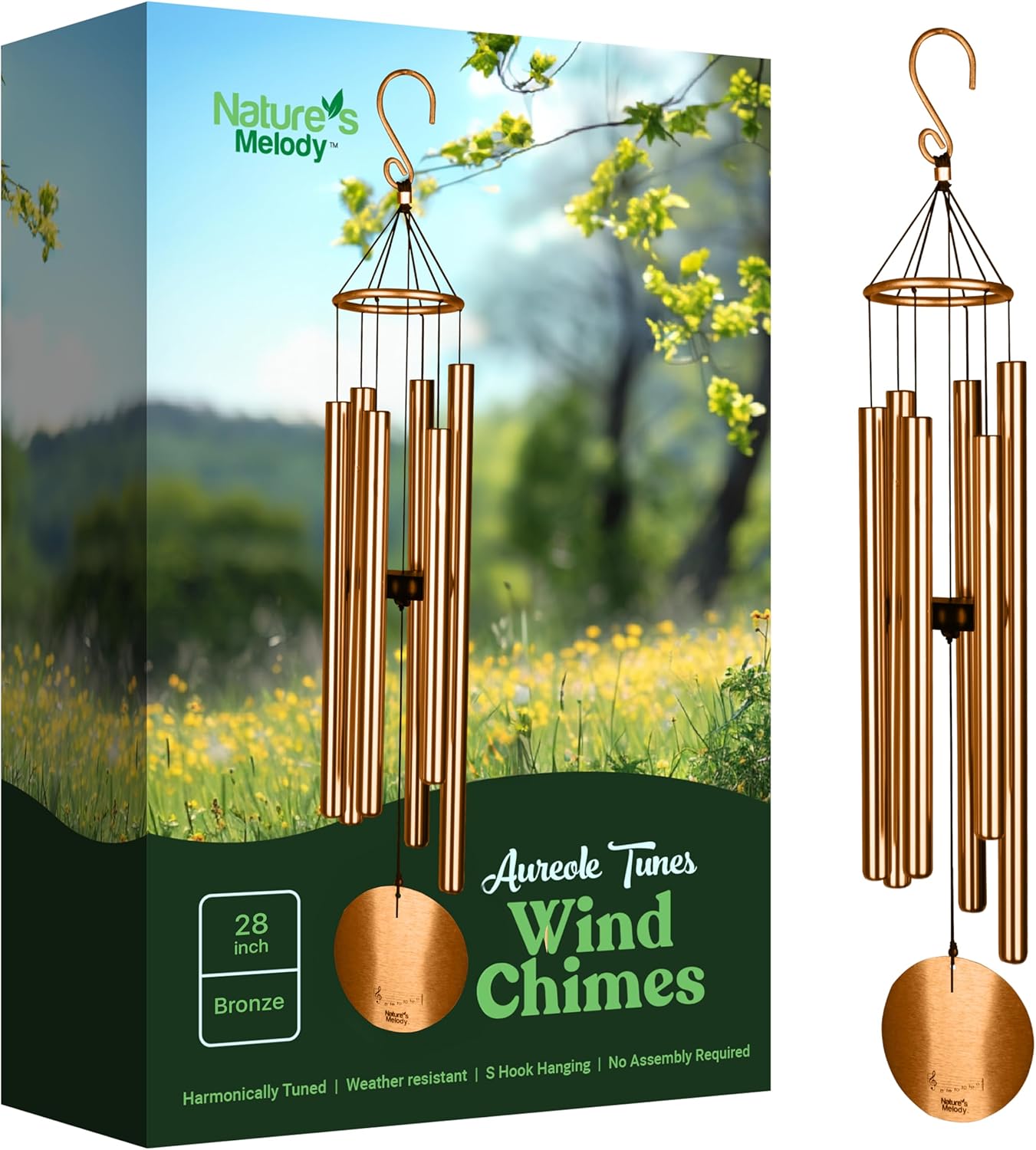 Nature’s Melody Aureole Tunes Wind Chimes – Outdoor Windchime with 6 Tubes Tuned to B Pentatonic Scale, 100% Rustproof Aluminum, Powder Finish & S Hook Hanger for Sympathy, Memorial Gift or Zen Garden