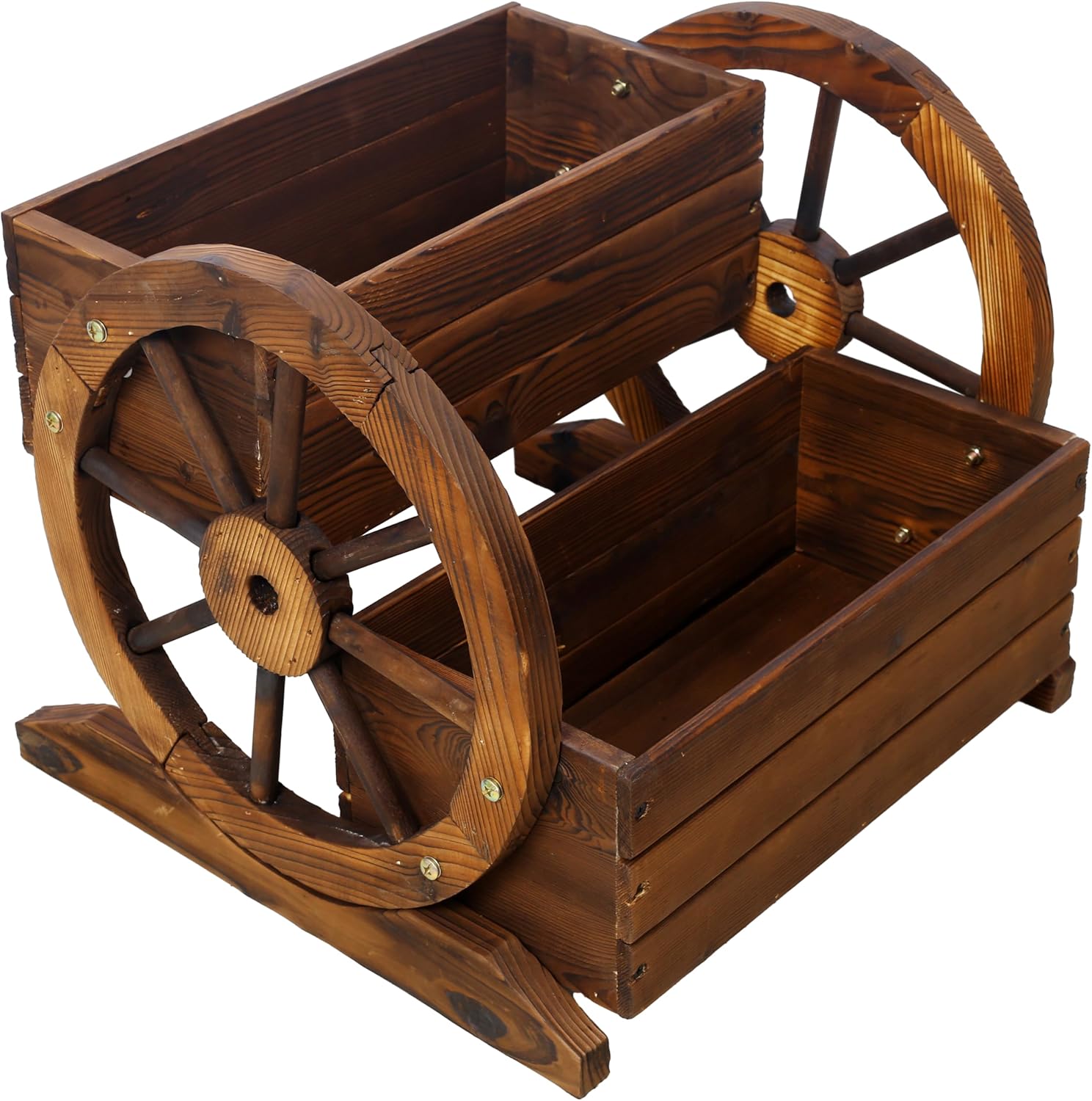 Rustic Wooden Wagon Wheel Planter Box, Brown Fir Wood Garden Cart, 2-Tier Decorative Flower Stand with Wheels, 17x18x15 Inches, for Patio Balcony Indoor Outdoor
