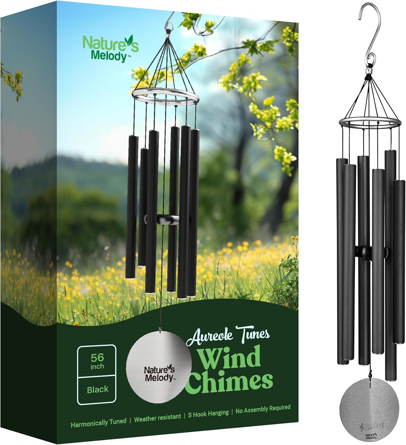 Nature’s Melody Aureole Tunes Wind Chimes – Outdoor Windchime with 6 Tubes Tuned to B Pentatonic Scale, 100% Rustproof Aluminum, Powder Finish & S Hook Hanger for Sympathy, Memorial Gift or Zen Garden