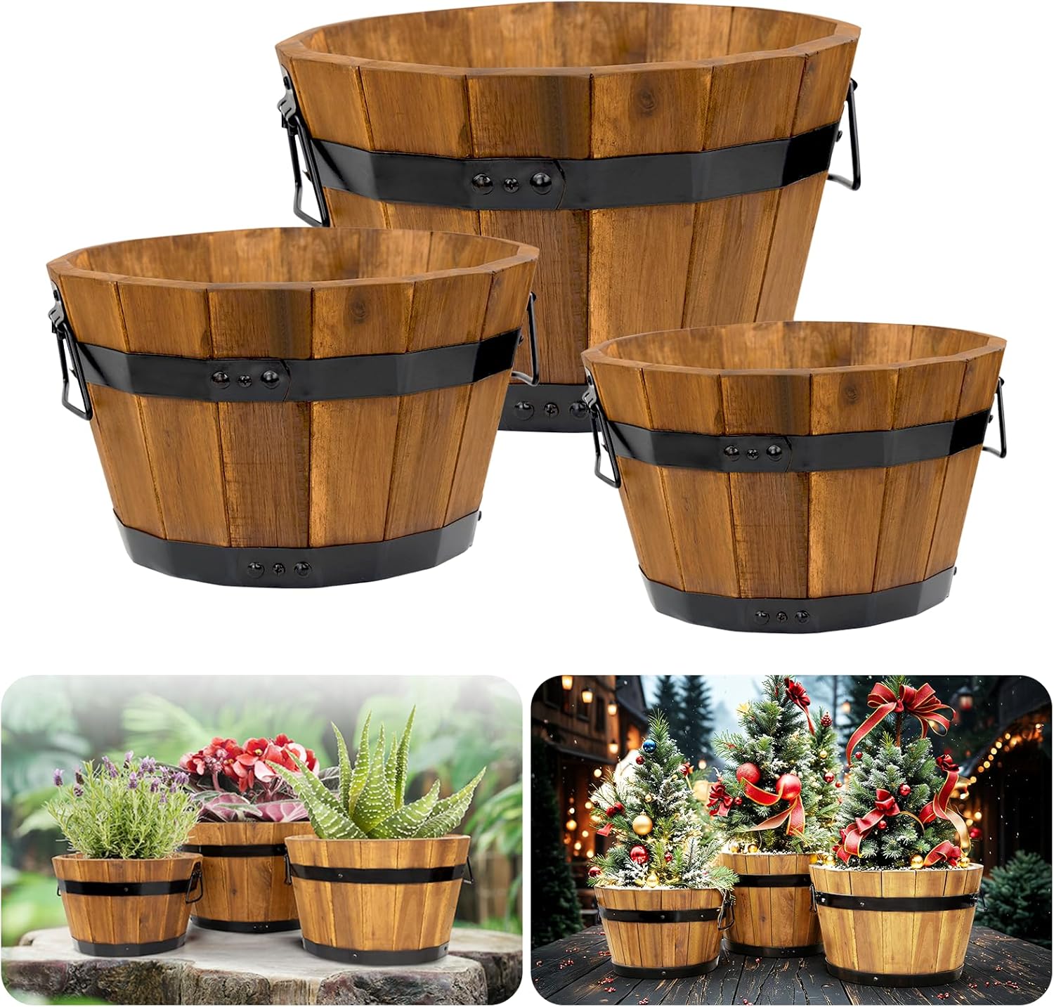 Idzo Set of 2 Hardwood Outdoor Flower Box, Durable Acacia Wood Flower Boxes for Outdoor Plants with Ergonomic Handles, Drainage Holes, Multiple Sizes Wood Bucket Planter for Home Décor