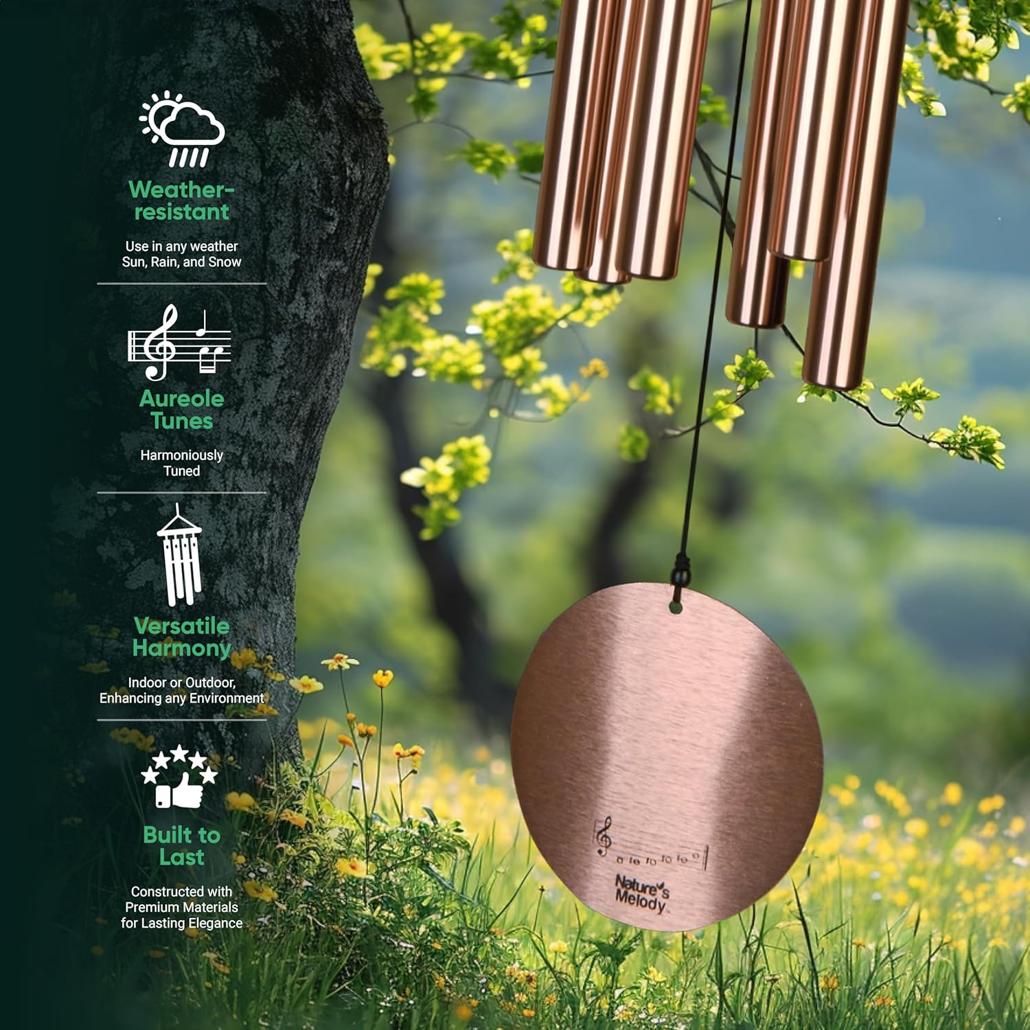 Nature’s Melody Aureole Tunes Wind Chimes – Outdoor Windchime with 6 Tubes Tuned to B Pentatonic Scale, 100% Rustproof Aluminum, Powder Finish & S Hook Hanger for Sympathy, Memorial Gift or Zen Garden