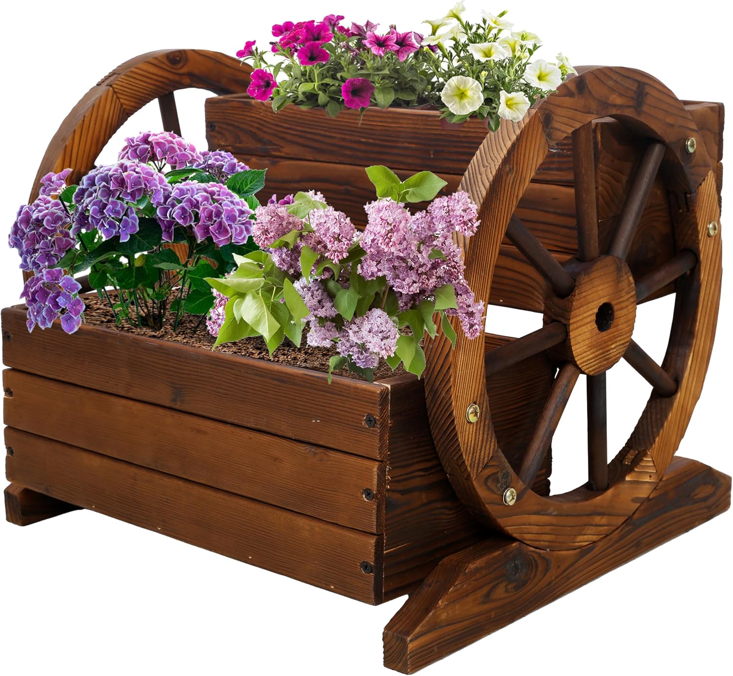 Rustic Wooden Wagon Wheel Planter Box, Brown Fir Wood Garden Cart, 2-Tier Decorative Flower Stand with Wheels, 17x18x15 Inches, for Patio Balcony Indoor Outdoor